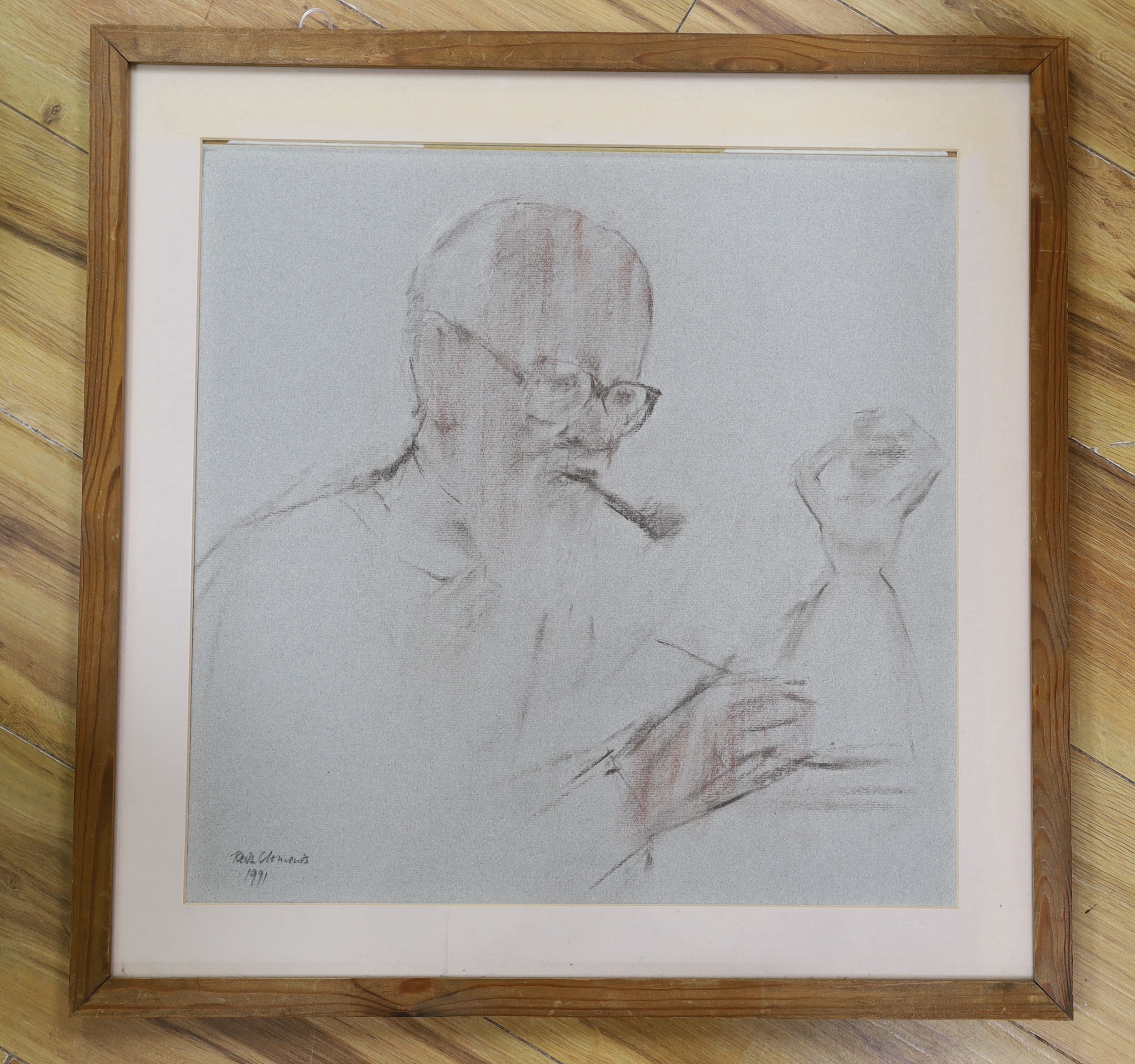 Keith Clements (1931-2003), charcoal and chalk on paper, Portrait of Professor Quentin Bell, signed and dated 1991, 45 x 45cm